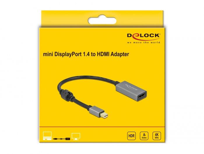 Opakowanie adaptera: 'Adapter mini DisplayPort 1.4 na HDMI', HDR, 4K. Żółte tło z obrazem adaptera i logo producenta.