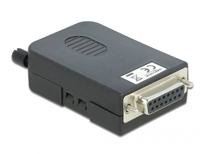 Czarny adapter z wejściem VGA i znakiem CE. Posiada metalowe styki oraz gwintowane otwory do mocowania.