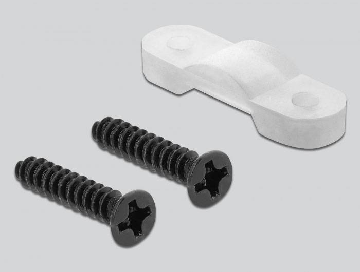 Dwie czarne wkręty krzyżowe i biała, wypukła część z tworzywa sztucznego na szarym tle.