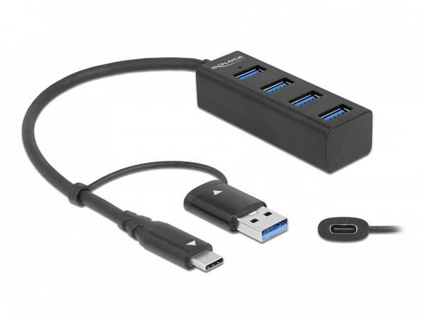 Delock 63828 USB-Hub 2+2 Porty USB-A USB 3.2 Gen1 5 GBit/s z wtyczką USB-C czarny 63828