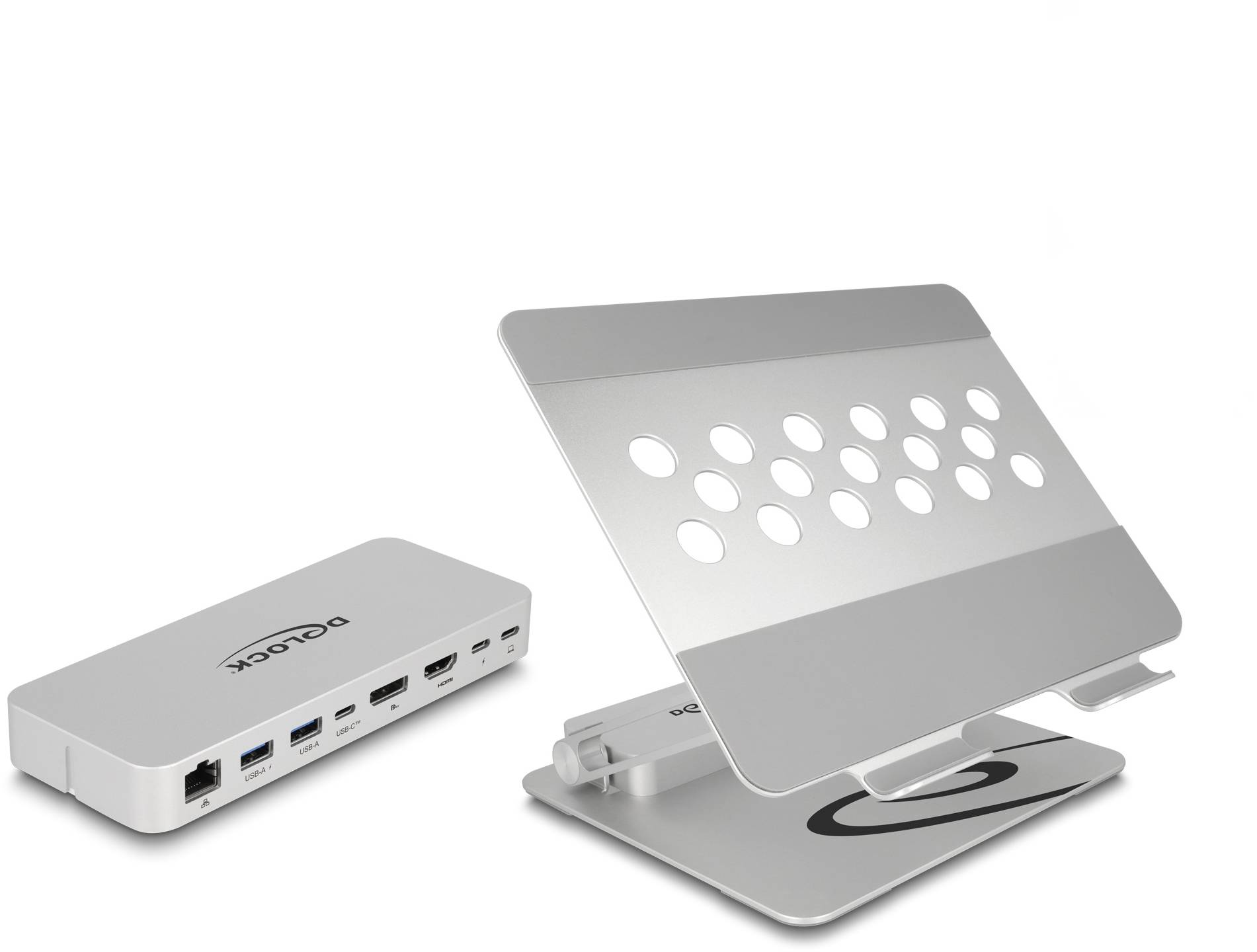Stojak na laptopa i stacja dokująca USB-C z aluminium, z otworami wentylacyjnymi i wieloma portami, oba w kolorze srebrnym.