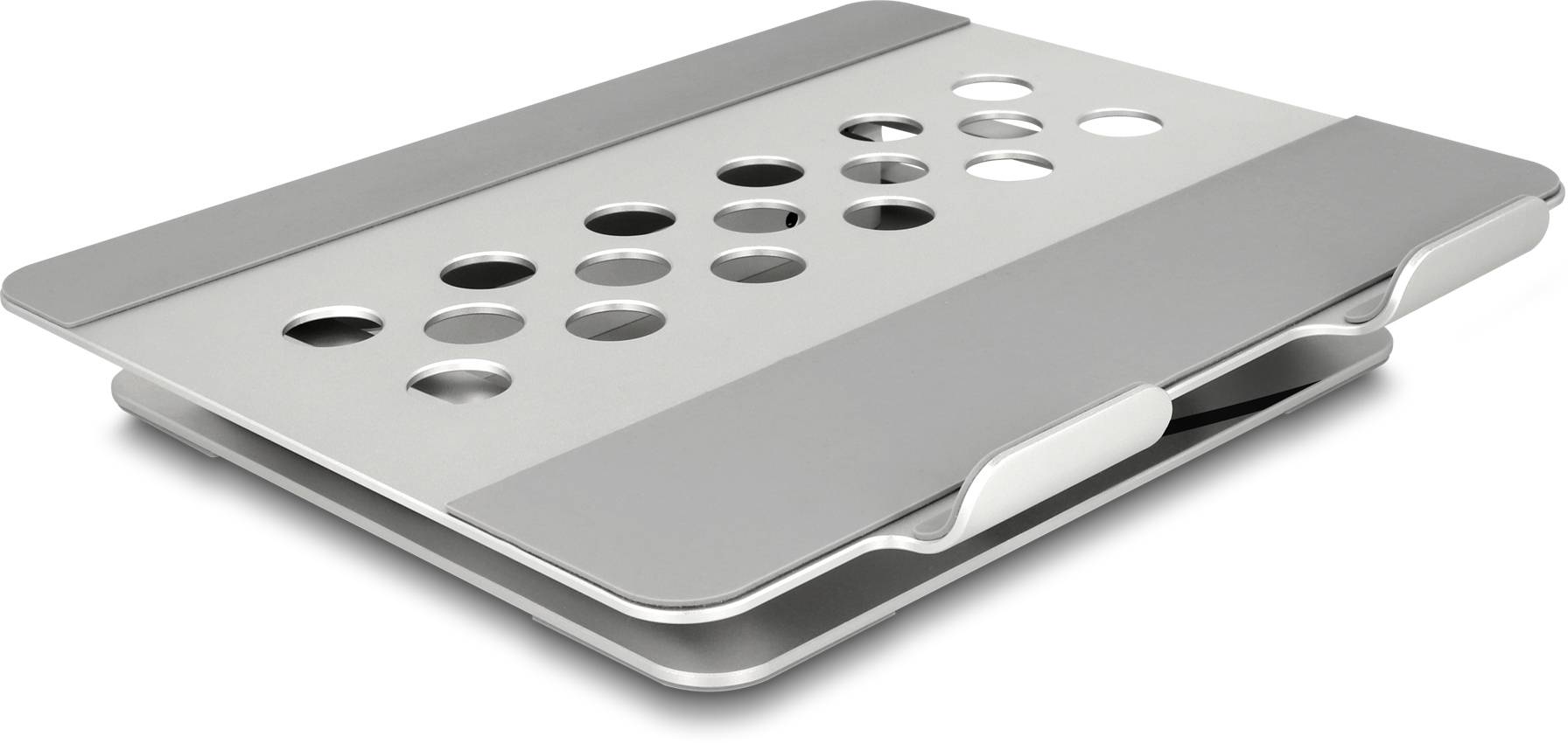 Srebrny stojak na laptopa z aluminium z antypoślizgowymi podkładkami gumowymi i otworami wentylacyjnymi odprowadzającymi ciepło.