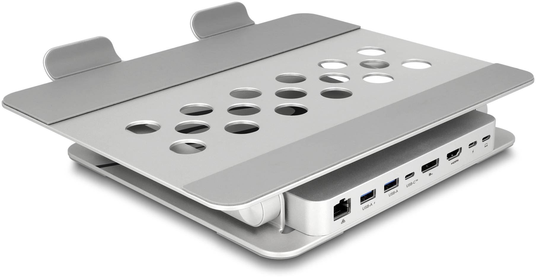 Srebrny, regulowany stojak na laptopa z otworami wentylacyjnymi i zintegrowanymi portami, w tym portami USB i HDMI.