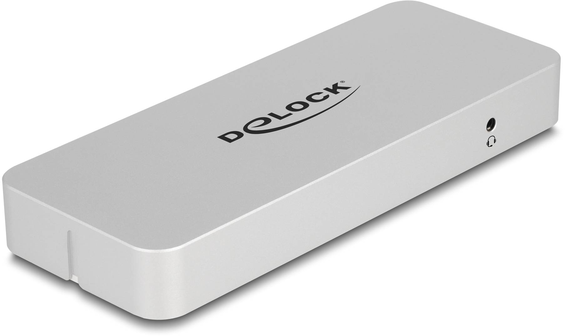 Srebrne, prostokątne urządzenie Delock z logo na górnej powierzchni, które prawdopodobnie jest zewnętrznym dyskiem twardym lub stacją dokującą.