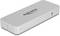 Srebrne, prostokątne urządzenie Delock z logo na górnej powierzchni, które prawdopodobnie jest zewnętrznym dyskiem twardym lub stacją dokującą.