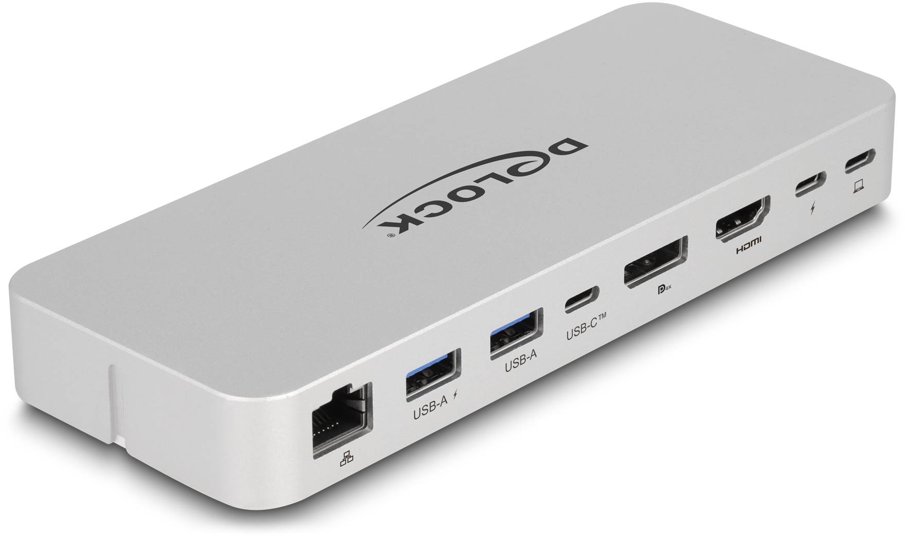 Srebrna stacja dokująca z portami: USB-A, USB-C, HDMI i Ethernet z tyłu.