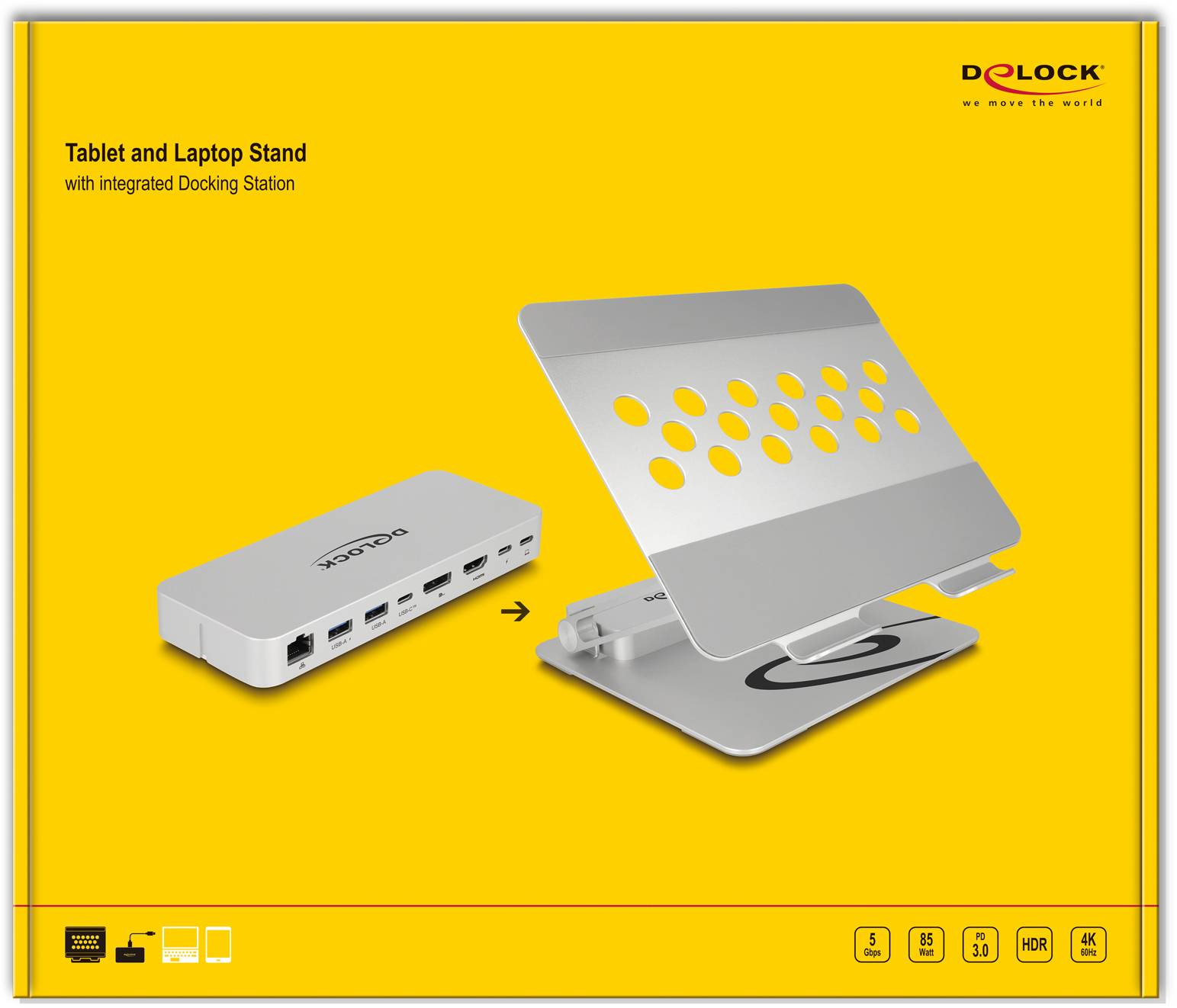 Stojak na tablet i laptopa z zintegrowaną stacją dokującą. Prezentuje montaż srebrnego stojaka na żółtym tle.