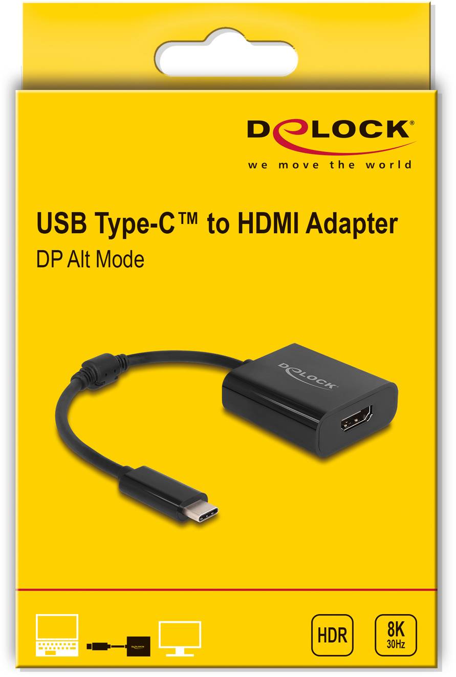 Opakowanie adaptera Delock USB Type-C do HDMI, przystosowanego do trybu DP Alt Mode i obsługującego rozdzielczość 8K przy 30 Hz.