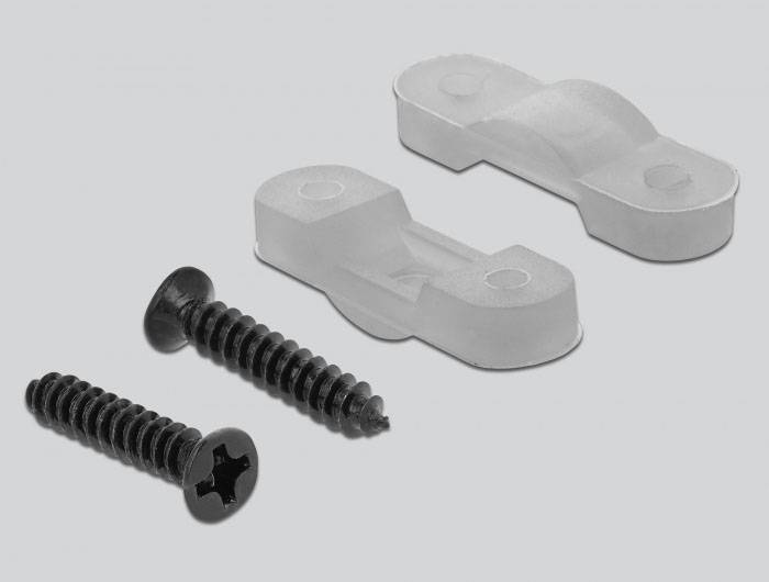 Dwie czarne śruby i dwie białe plastikowe klamry na szarym tle.