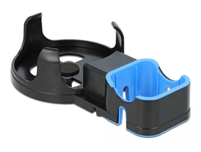 Czarny i niebieski plastikowy uchwyt, prawdopodobnie do butelek lub puszek, z mechanizmem mocującym od spodu.