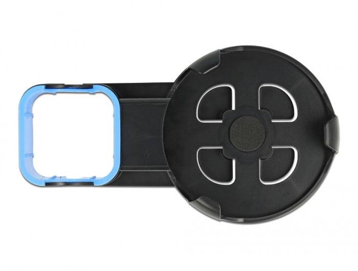 Czarna i niebieska część plastikowa, prawdopodobnie element mocujący lub łączący, z okrągłym i prostokątnym fragmentem.