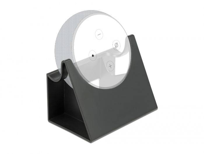 Okrągły głośnik z przyciskami do regulacji głośności, włączania/wyłączania mikrofonu oraz wyciszania, umieszczony w czarnym stojaku.