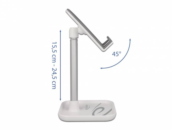 Regulowany stojak na tablet, wysokość 15,5 cm do 24,5 cm. Kąt obrotu 45 stopni. Odpowiedni do powierzchni stołowych.