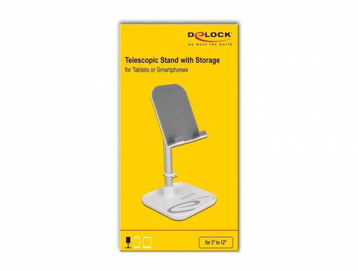 Stojak teleskopowy z miejscem na przechowywanie tabletów lub smartfonów" przedstawia szary stojak na żółtym tle. Nazwa marki umieszczona na górze.