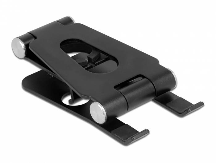 Czarny, składany stojak na laptopa z antypoślizgowymi końcówkami gumowymi i centralnym otworem do organizacji kabli.