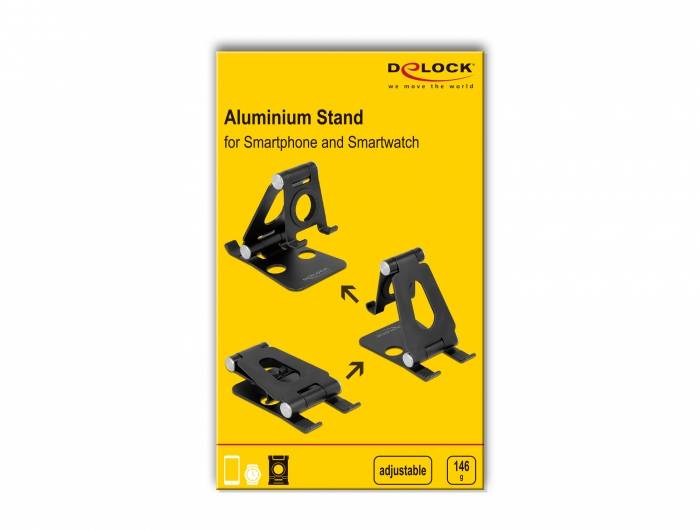 Opakowanie stojaka aluminiowego dla smartfona i smartwatcha, przedstawiające trzy widoki regulowanego stojaka firmy Delock.