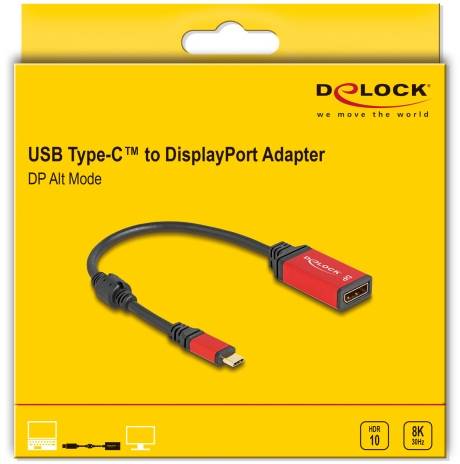 Opakowanie adaptera Delock USB Type-C™ do DisplayPort, obsługującego HDR10 i 8K 30Hz, przedstawione na zdjęciu.