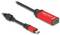 Czerwony kabel adapter HDMI firmy Delock z wtyczką USB-C na gniazdo HDMI, odpowiedni do podłączania urządzeń takich jak laptopy do monitorów.