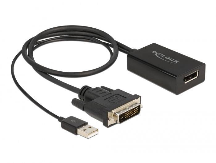 Kabel adapter z wtyczkami DVI i USB na gniazdo HDMI, kolor czarny. Marka 'Delock'. Przeznaczony do konwersji sygnału między urządzeniami.