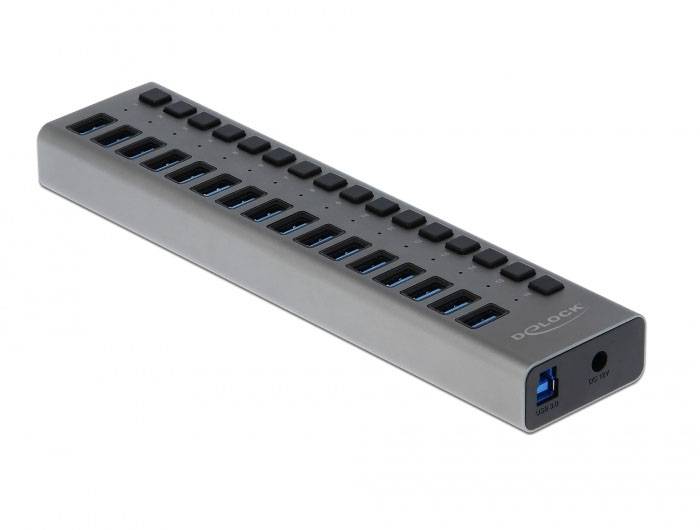 Delock 63739 USB-Hub 16 Portów USB-A, Gniazdo DC 3,5 mm USB 3.2 Gen1 5 GBit/s szary 63739-1