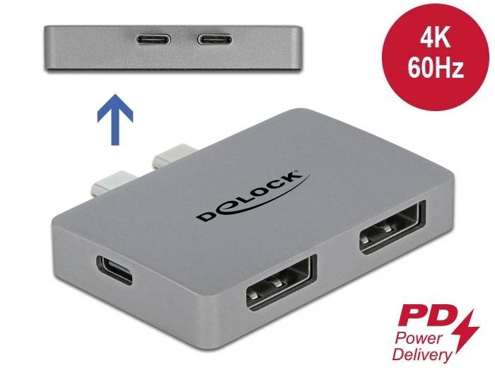 Adapter USB-C firmy Delock z dwoma portami HDMI, obsługujący rozdzielczość 4K przy 60 Hz. Logo 'PD Power Delivery' w prawym dolnym rogu.