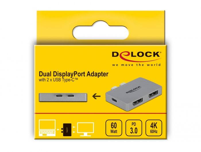 Opakowanie przedstawia adapter Delock Dual DisplayPort z 2 złączami USB Type-C. Odpowiedni dla 4K 60Hz, 60 watów, PD 3.0.