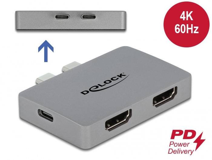 Adapter USB-C firmy Delock z dwoma wyjściami HDMI i jednym złączem USB-C. Obsługuje rozdzielczość 4K przy 60 Hz oraz technologię Power Delivery.