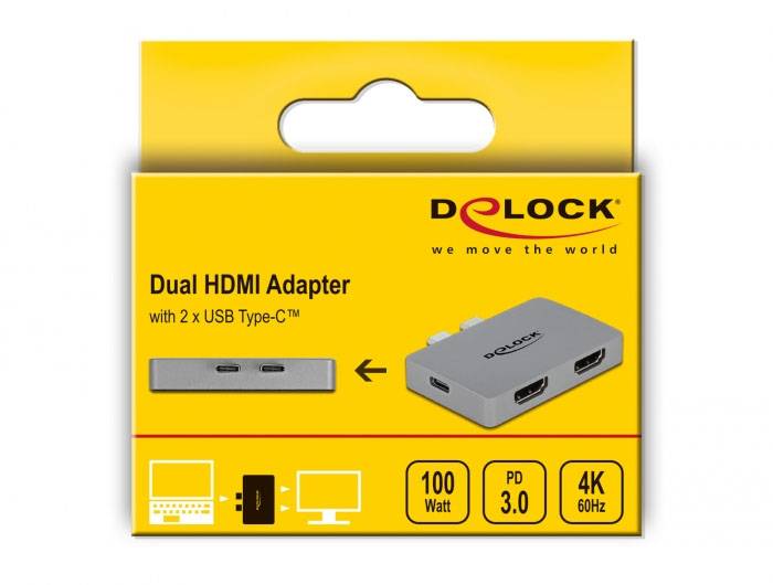 Opakowanie adaptera Delock Dual HDMI z 2 złączami USB Typ-C. Cechy: 100 watów, PD 3.0, 4K 60 Hz.
