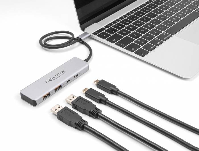 Delock 64230 USB-Hub 2+2 Porty USB-A, USB-C® USB 3.2 Gen2 10 GBit/s z wtyczką USB-C szary 64230-1