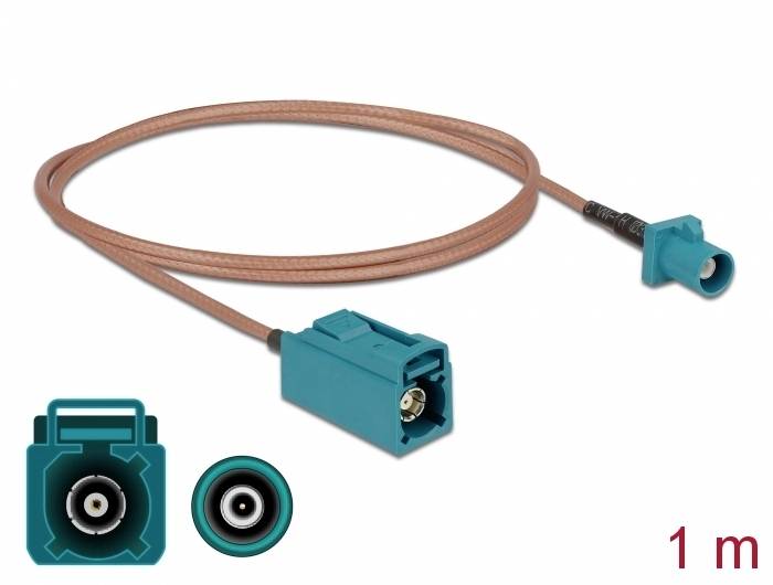 Kabel koncentryczne z wtyczkami Fakra w kolorze niebieskim, o długości 1 metra, przeznaczone do podłączeń antenowych w samochodach lub podobnych zastosowaniach.