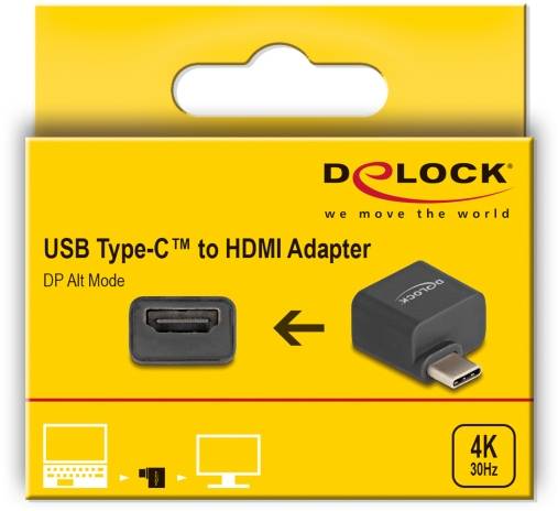 Żółte opakowanie adaptera USB Type-C™ do HDMI z obsługą 4K przy 30Hz. Nazwa marki w prawym górnym rogu, ilustracje zastosowania na dole.