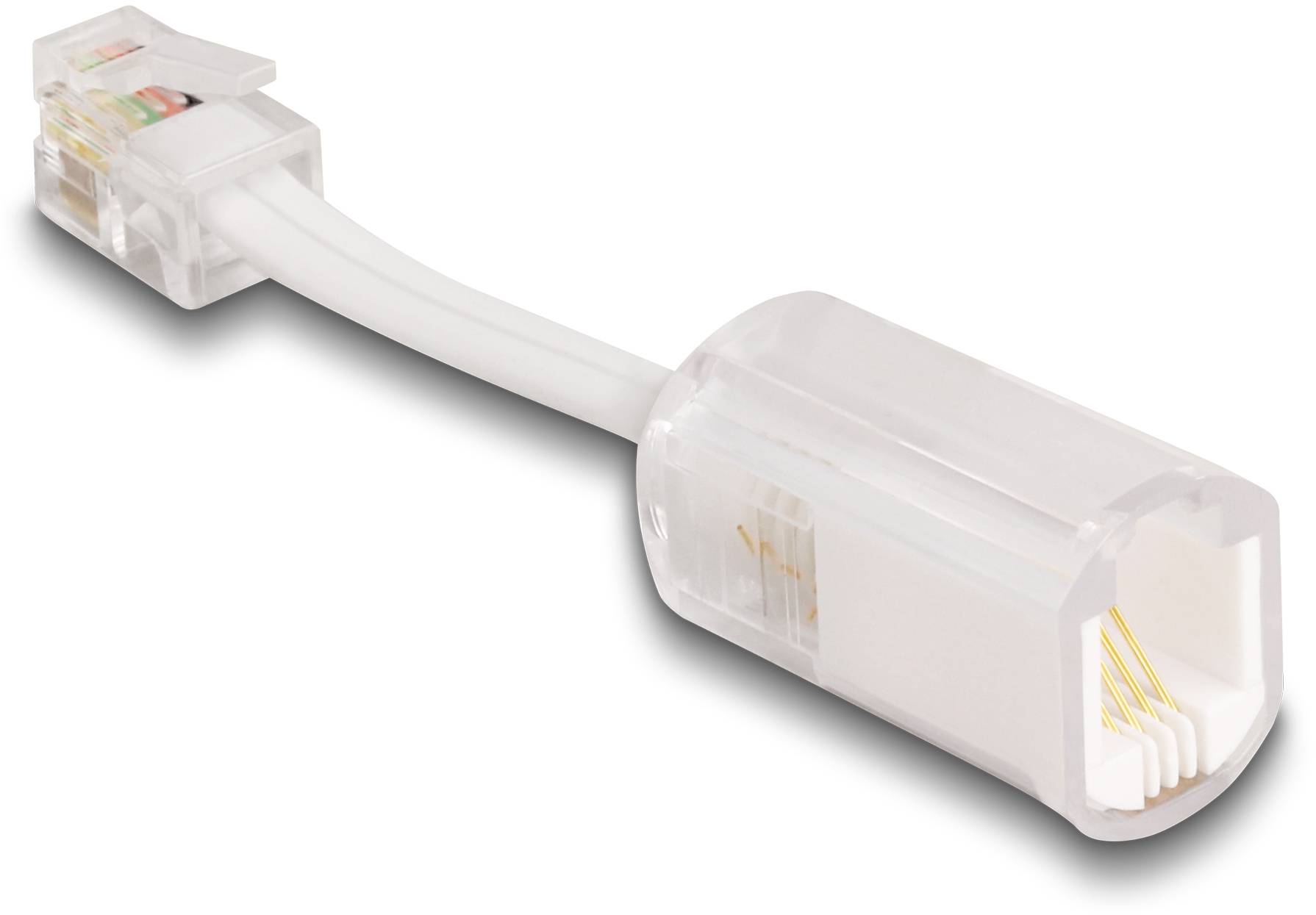 Adapter sieciowy z wtykiem i gniazdem RJ45 w zbliżeniu, odpowiedni do łączenia kabli sieciowych.