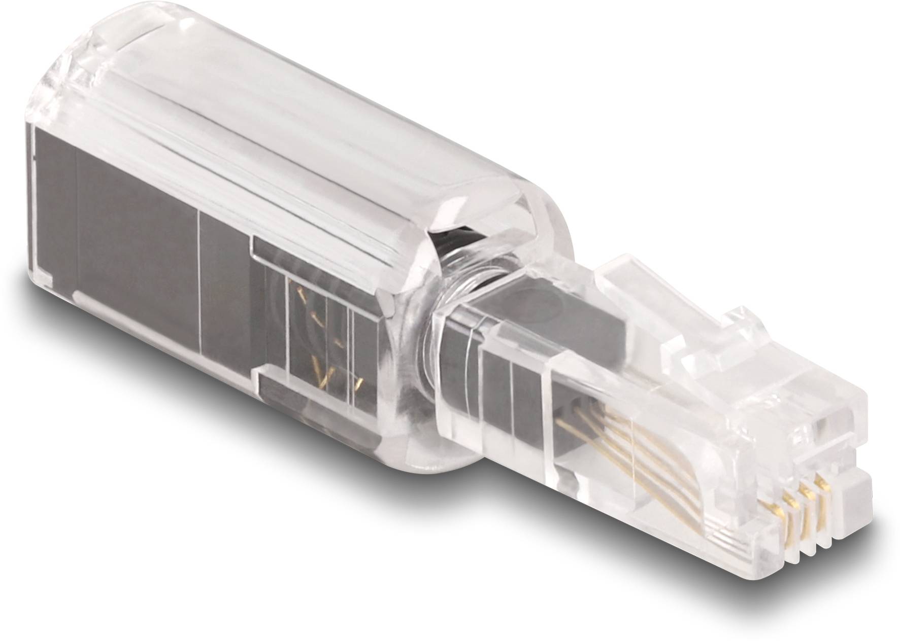 Przezroczysty wtyk RJ45, który jest powszechnie stosowany do połączeń sieciowych Ethernet, leży na białej powierzchni.