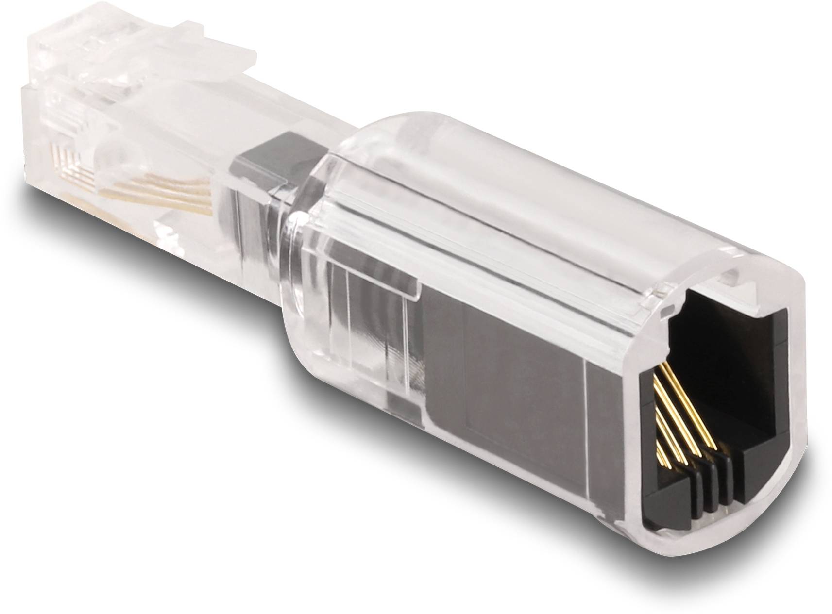 Przezroczysty wtyk RJ45 z widocznymi połączeniami miedzianymi, często stosowany do połączeń przewodów sieciowych.