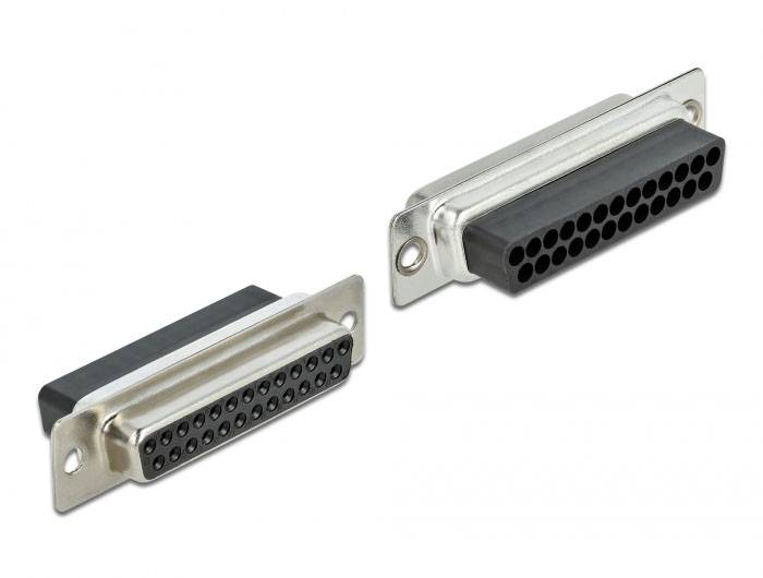 Ilustracja dwóch wtyczek D-Sub: Jeden z 25 pinami i odpowiednie gniazdo z otworami stykowymi. Używane w interfejsach szeregowych.