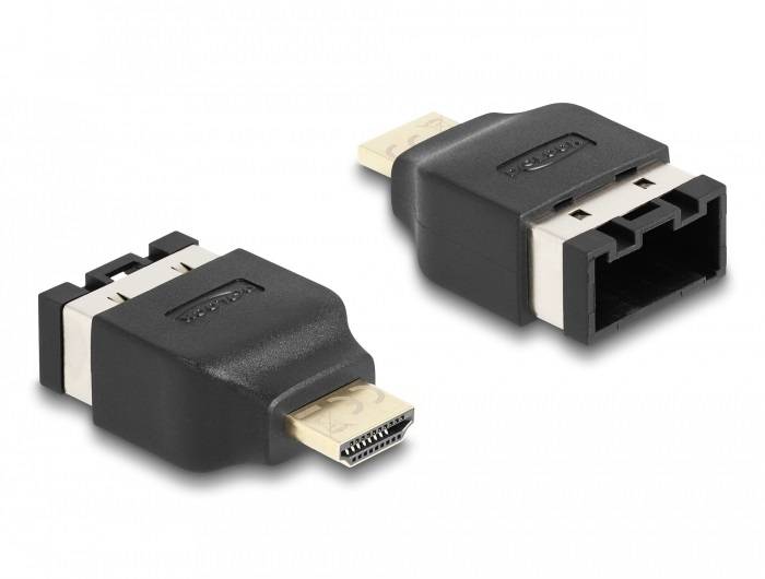 Dwa czarne adaptery z gniazdami HDMI i USB. Lewy adapter pokazuje wtyczkę HDMI, prawy – złącze USB.