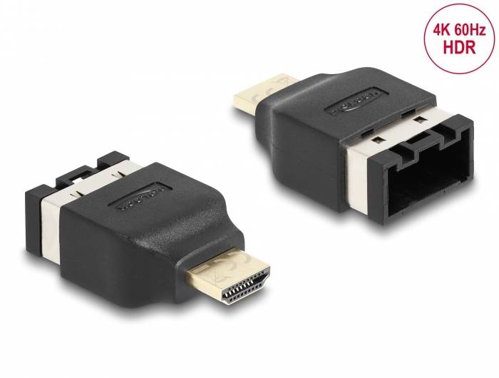 Kabel adapter z wtyczką HDMI i gniazdem DVI, odpowiedni do transmisji 4K 60Hz HDR, przedstawiony z dwóch stron.