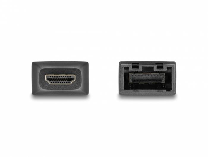 Dwa czarne adaptery: po lewej złącze HDMI, po prawej złącze DisplayPort. Złącza skierowane są do przodu, umożliwiając widok wtyków.