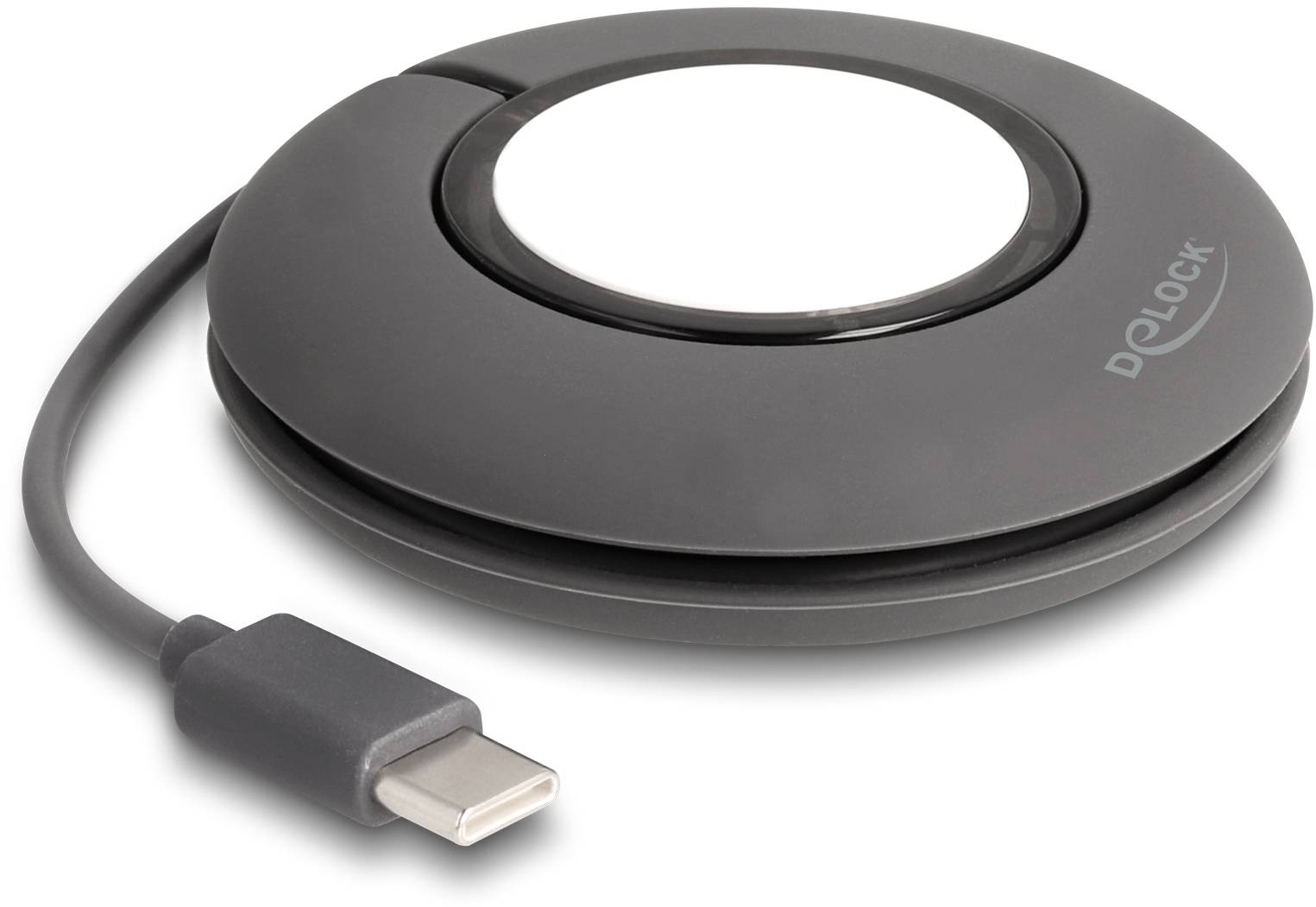 Czarny, okrągły organizator kabli USB-C z białą powierzchnią pośrodku i krótkim przewodem. Widoczne logo marki.