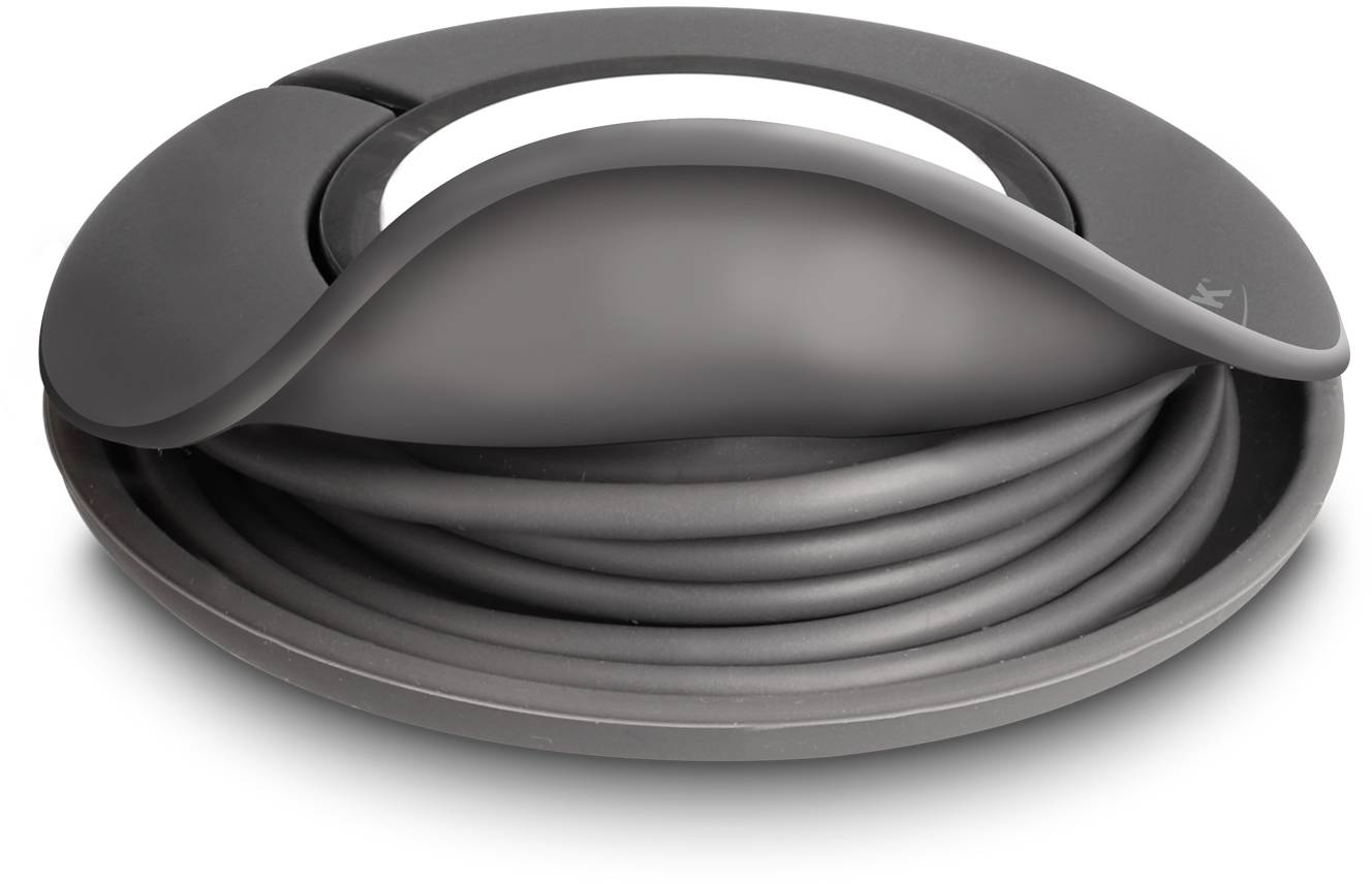 Ciemnoszary organizator kabli w kształcie spirali, przeznaczony do schludnego przechowywania przewodów.