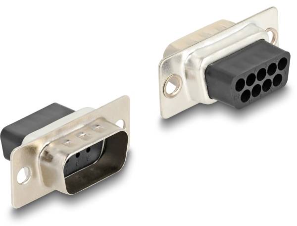 Dwa złącza D-Sub z czarną obudową z tworzywa sztucznego i metalową ramką. Posiadają one wielopinowe styki oraz śrubowe mocowania po bokach.