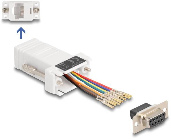 Płaski adapter z kolorowymi przewodami łączący złącze RJ45 i złącze szeregowe. Na górze osobny widok gniazda RJ45.