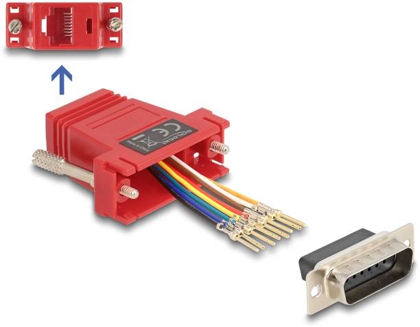 Czerwony adapter łączący wtyki RJ45 i DB9 jest przedstawiony. Widoczne są kolorowe kable oraz złącza.