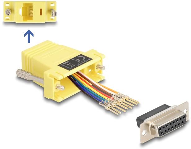 'Adapter RJ45 na D-Sub 9-pinowy': Żółta obudowa adaptera z gniazdem RJ45. Kolorowe kable kończą się złączami D-Sub.