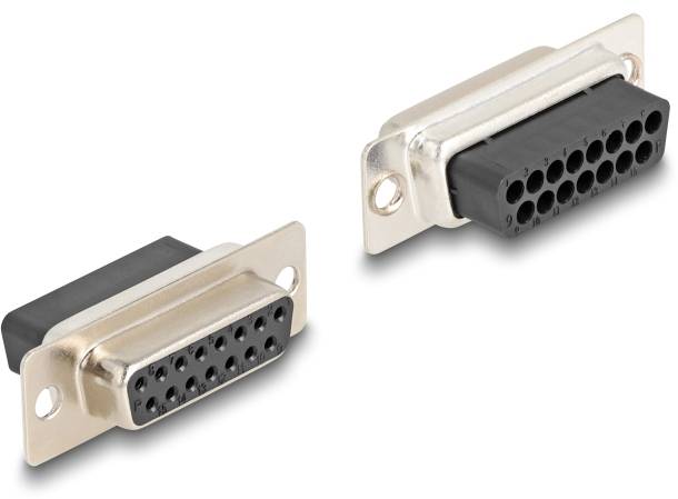 Dwa czarne, prostokątne złącza z metalową ramką, jeden pokazujący przednią stronę pinów, drugi odwrotną stronę z otworami mocującymi.