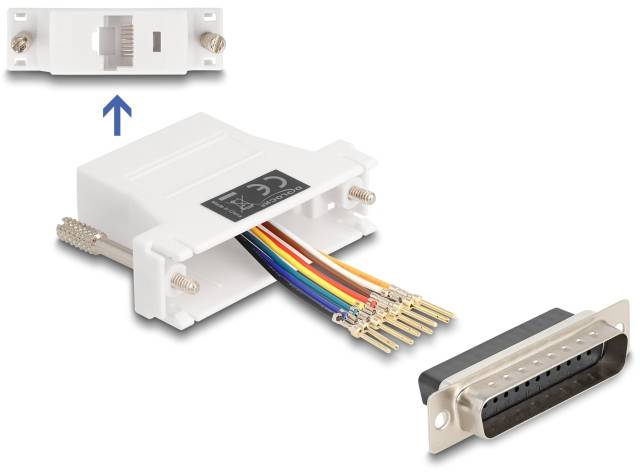 Adapter kabla sieciowego z otwartą obudową, widoczne przewody w różnych kolorach. Ilustruje kroki podłączania wtyczki.