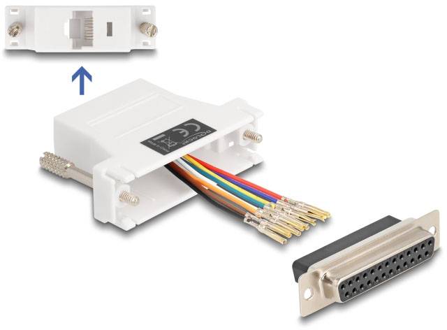 Biały adapter z kolorowymi przewodami łączy złącze RJ45 z 25-pinową wtyczką D-Sub. Strzałka wskazuje kierunek montażu.