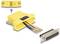 Żółta obudowa adaptera kabla z kolorowymi przewodami i złączami; instrukcja montażu z zaznaczonym strzałką elementem obudowy.