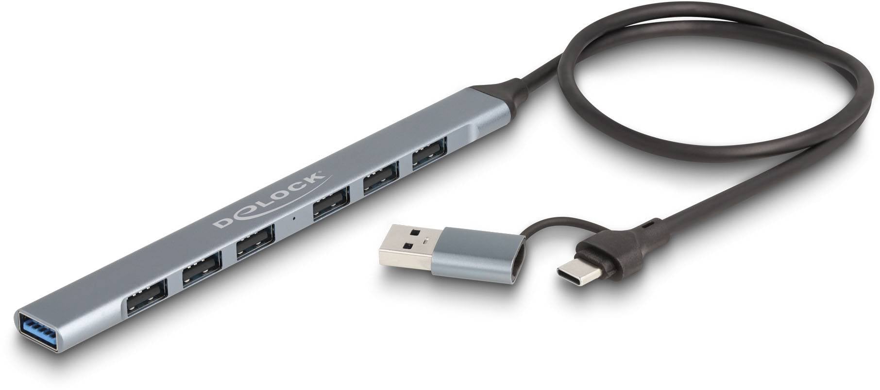 USB-концентратор Delock 64273 с 7 портами USB-A, USB 3.2 Gen1, 5 Гбит/с и разъемом USB-C, серый, модель 64273.