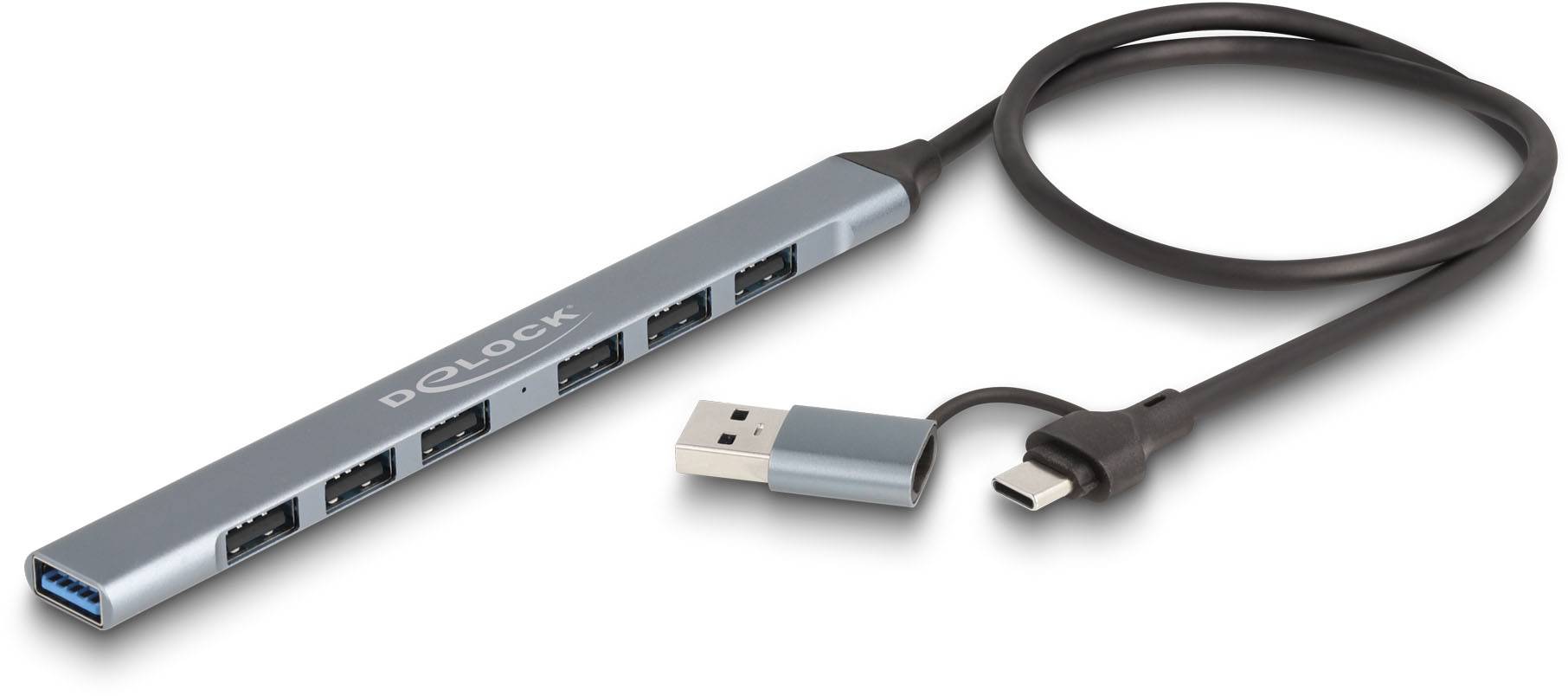 USB-концентратор Delock 64273 с 7 портами USB-A, USB 3.2 Gen1, 5 Гбит/с и разъемом USB-C, серый, модель 64273.